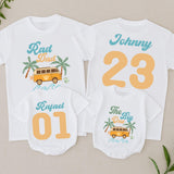 Custom Matching Family Surfing Birthday Shirts, Retro Beach Van Design, The Big One Baby Romper, Rad Dad Tee, Personalized for First Birthday