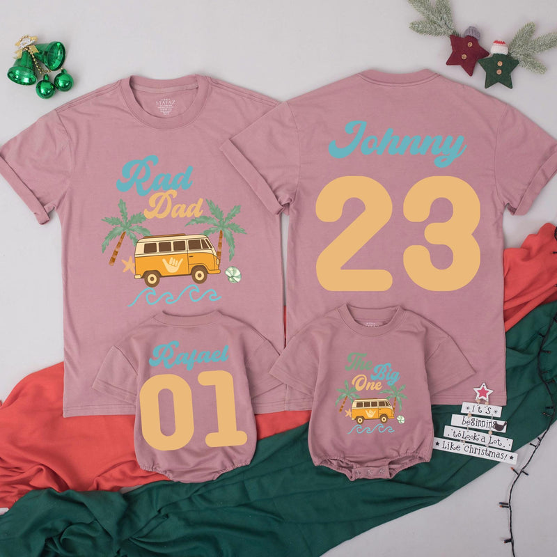 Custom Matching Family Surfing Birthday Shirts, Retro Beach Van Design, The Big One Baby Romper, Rad Dad Tee, Personalized for First Birthday