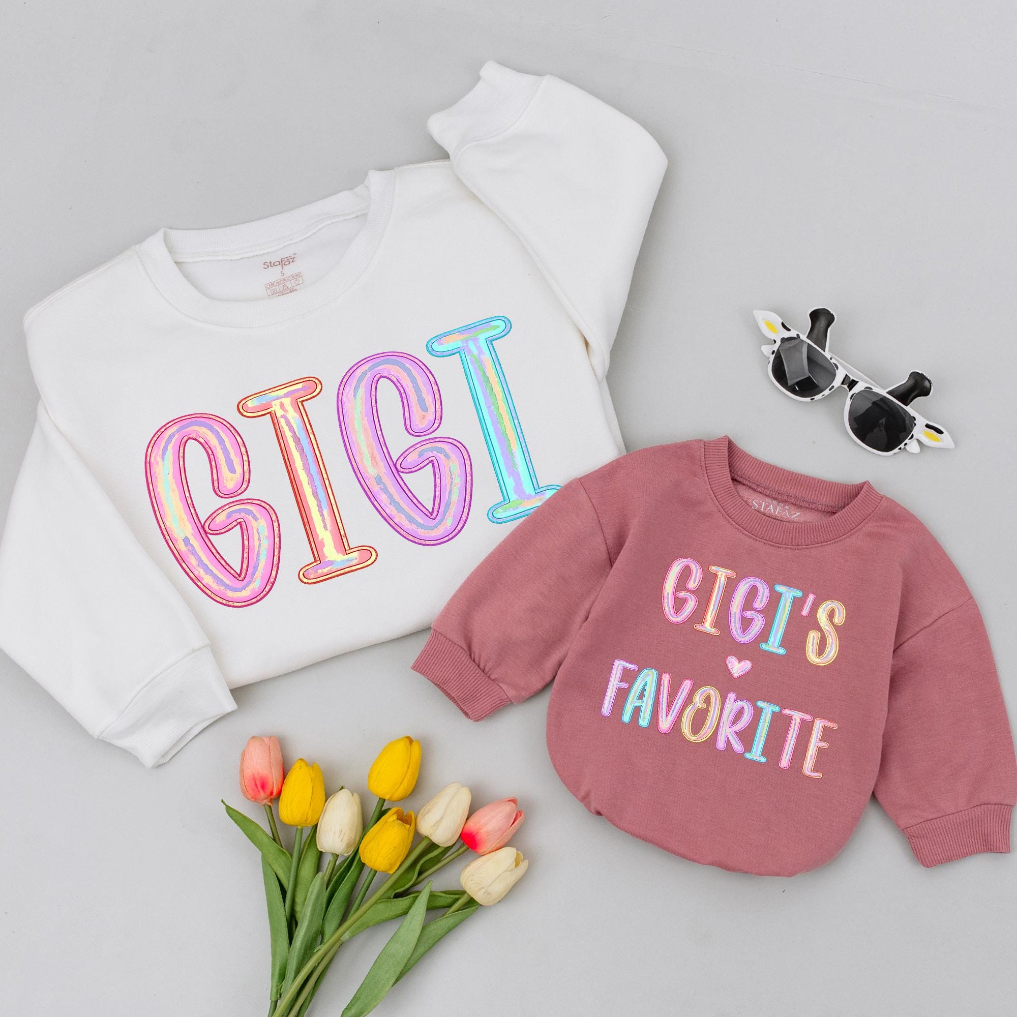 Custom Matching Family Sweatshirts with Rainbow Gradient 'Gigi' Design, Soft Cotton Toddler and Adult Shirts for Everyday Wear or Gifting