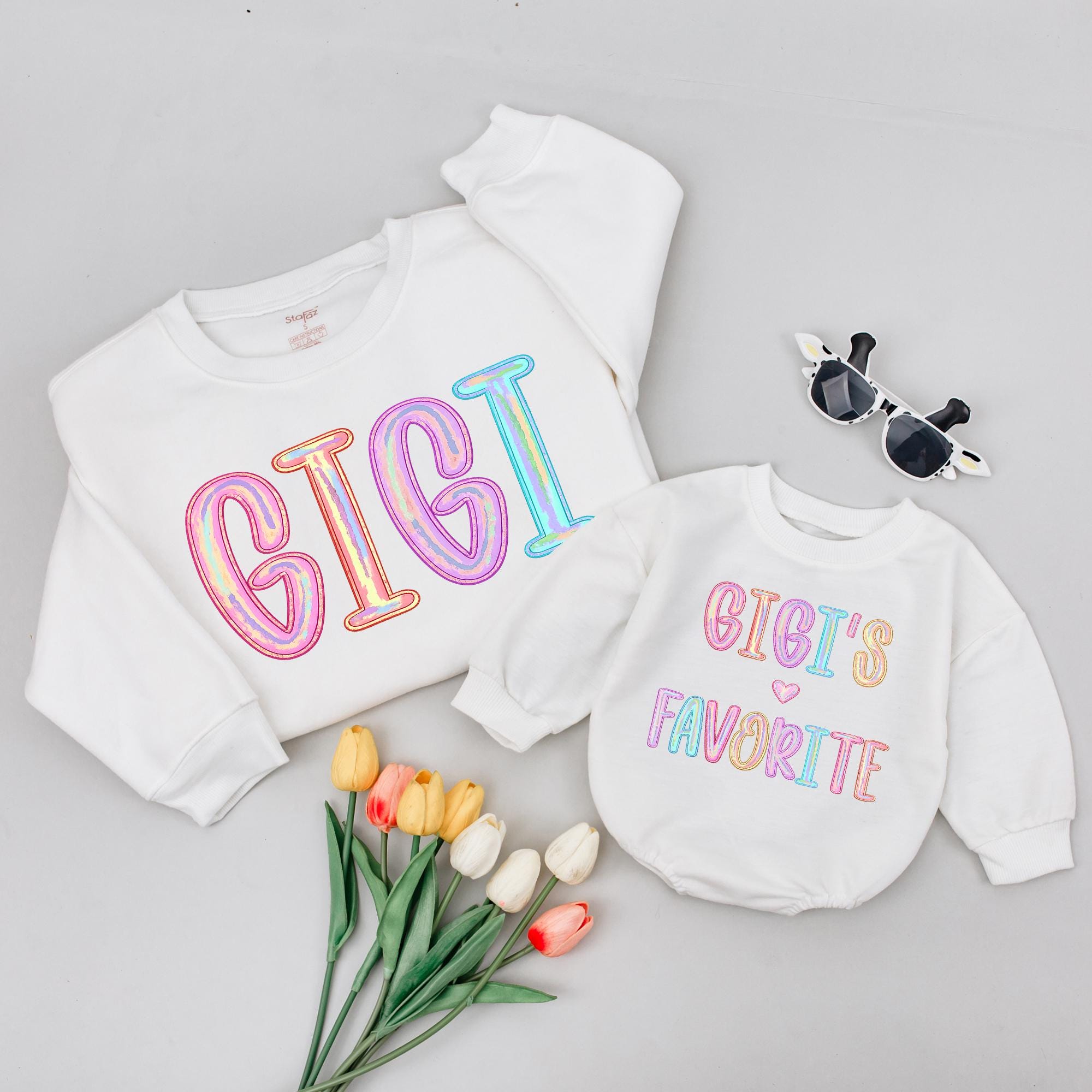 Custom Matching Family Sweatshirts with Rainbow Gradient 'Gigi' Design, Soft Cotton Toddler and Adult Shirts for Everyday Wear or Gifting