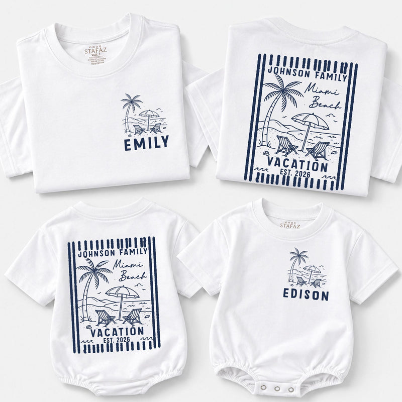 Custom Matching Family Vacation Shirts and Baby Romper, Tropical Beach Design, Miami 2026, Soft Cotton, Sizes Newborn to 2XL