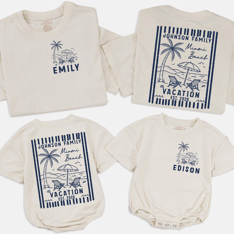 Custom Matching Family Vacation Shirts and Baby Romper, Tropical Beach Design, Miami 2026, Soft Cotton, Sizes Newborn to 2XL
