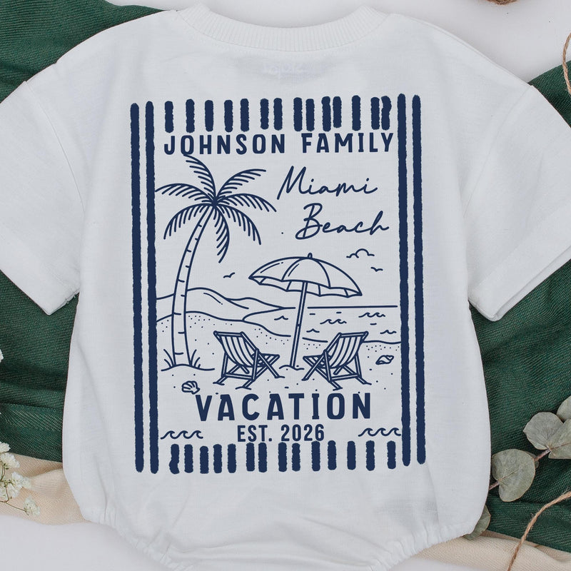Custom Matching Family Vacation Shirts and Baby Romper, Tropical Beach Design, Miami 2026, Soft Cotton, Sizes Newborn to 2XL