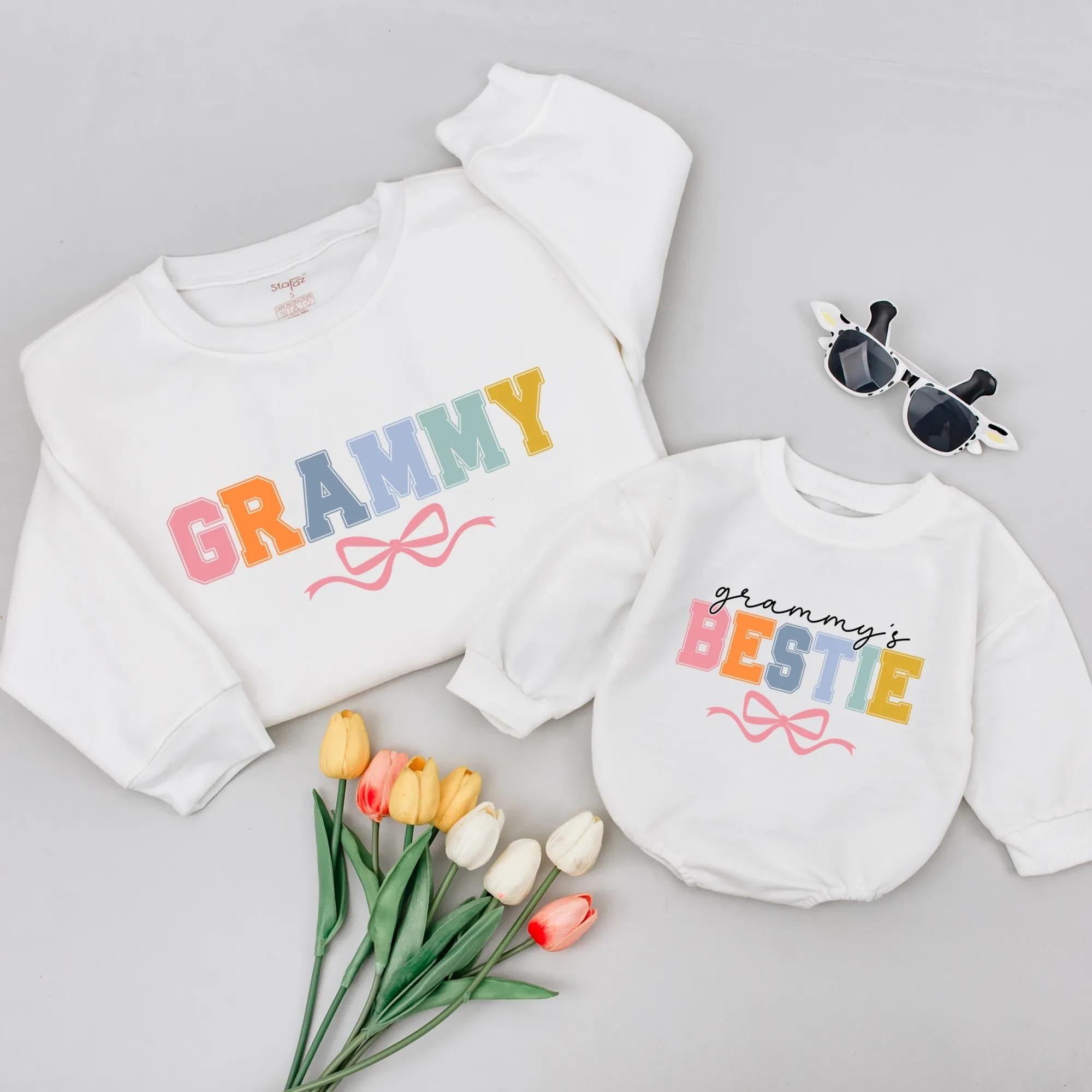 Custom Matching Grammy and Bestie Sweatshirts with Rainbow Text, Cozy Cotton Grandma and Grandkid Shirts for Gifting and Special Moments