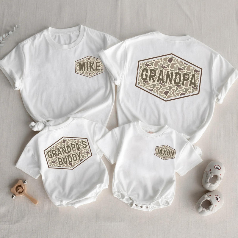 Custom Matching Grandpa and Baby Outfits with Camo Print, Personalized Names, Soft Cotton Shirts and Rompers for Family Bonding Moments