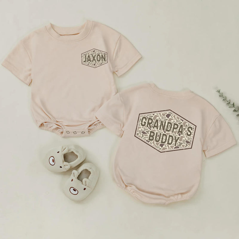 Custom Matching Grandpa and Baby Outfits with Camo Print, Personalized Names, Soft Cotton Shirts and Rompers for Family Bonding Moments