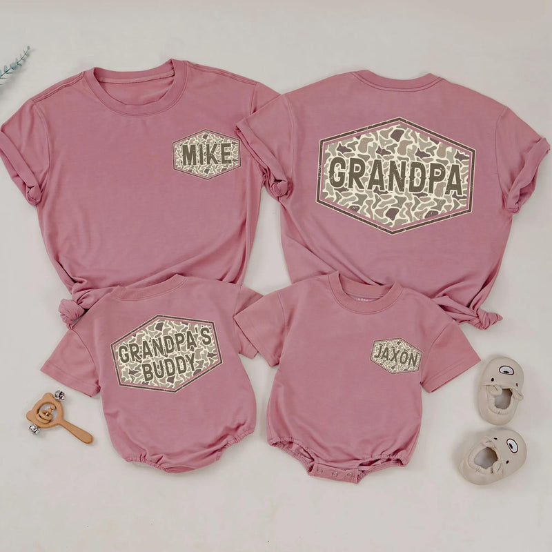Custom Matching Grandpa and Baby Outfits with Camo Print, Personalized Names, Soft Cotton Shirts and Rompers for Family Bonding Moments
