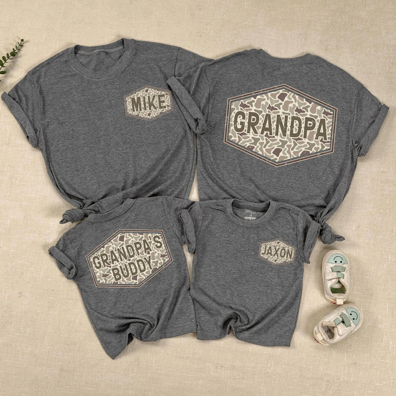 Custom Matching Grandpa and Baby Outfits with Camo Print, Personalized Names, Soft Cotton Shirts and Rompers for Family Bonding Moments