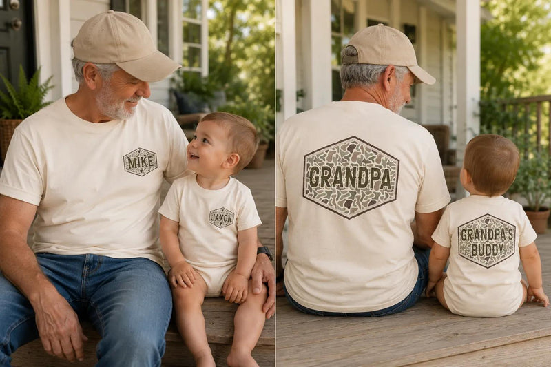 Custom Matching Grandpa and Baby Outfits with Camo Print, Personalized Names, Soft Cotton Shirts and Rompers for Family Bonding Moments