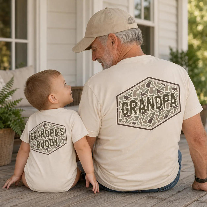 Custom Matching Grandpa and Baby Outfits with Camo Print, Personalized Names, Soft Cotton Shirts and Rompers for Family Bonding Moments