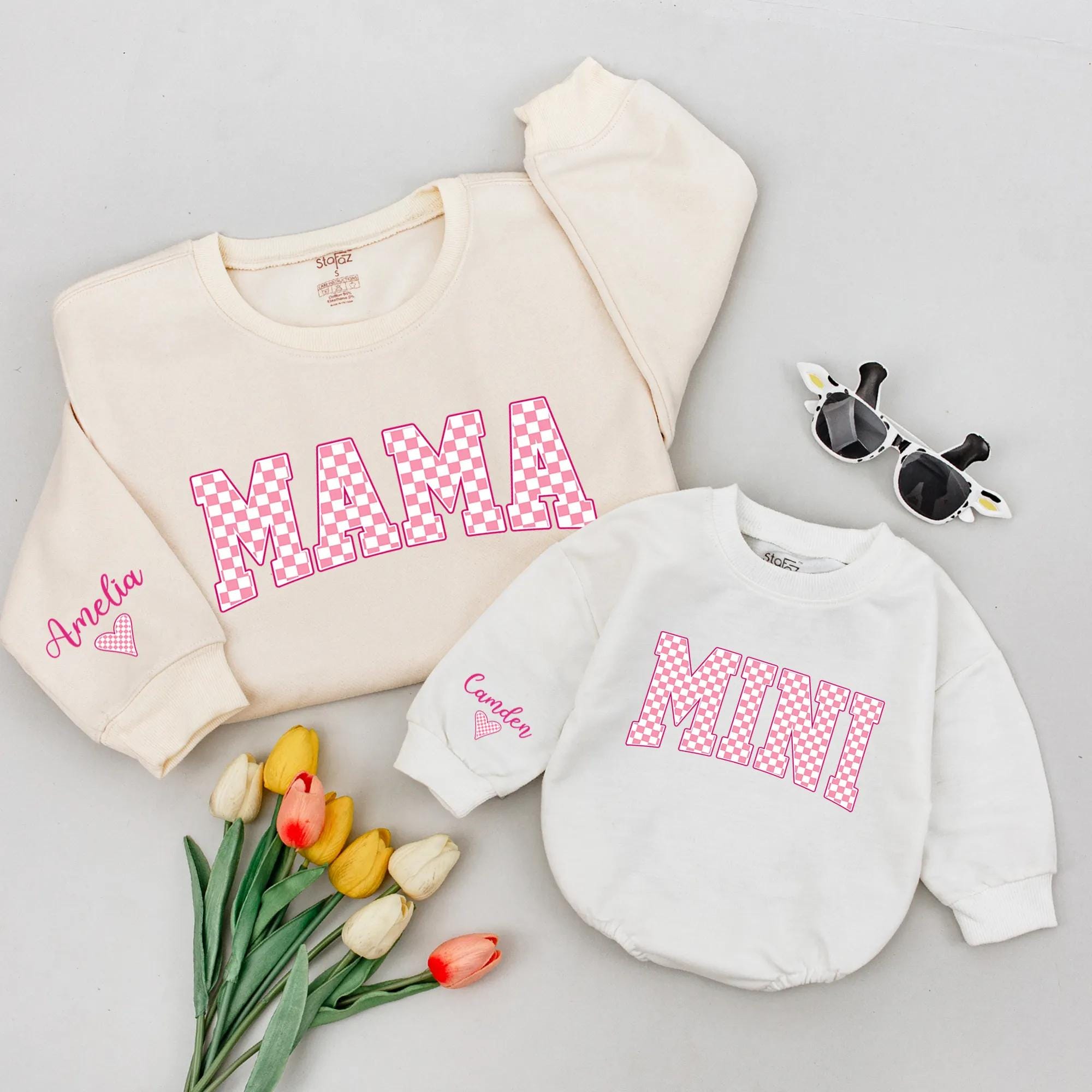 Custom Matching Mama and Mini Sweatshirts with Pink Checkered Text, Baby and Mom Soft Cotton Family Shirts, Perfect Baby Shower Gift