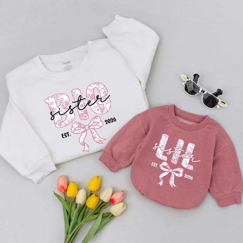 Custom Matching Sister Sweatshirts with Floral Bow Design, Big Sis Lil Sis Outfits, Toddler & Kids Cotton Shirts, Gift for Siblings