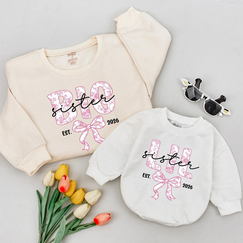 Custom Matching Sister Sweatshirts with Floral Bow Design, Big Sis Lil Sis Outfits, Toddler & Kids Cotton Shirts, Gift for Siblings