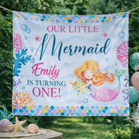 Custom Mermaid 1st Birthday Silk Banner - Personalized Under the Sea Party Decor for Baby Girl Milestone Celebration