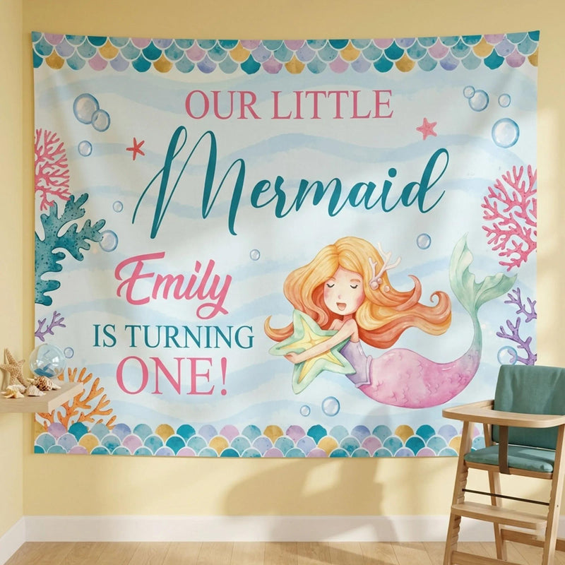 Custom Mermaid 1st Birthday Silk Banner - Personalized Under the Sea Party Decor for Baby Girl Milestone Celebration