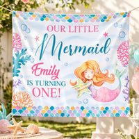 Custom Mermaid 1st Birthday Silk Banner - Personalized Under the Sea Party Decor for Baby Girl Milestone Celebration