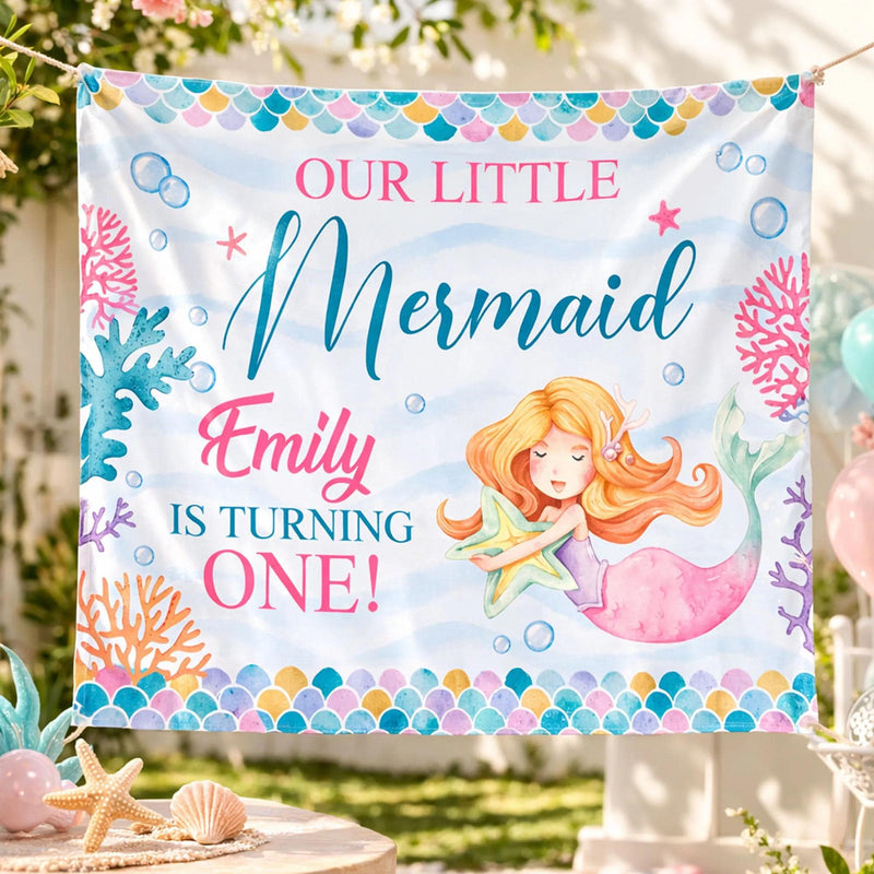 Custom Mermaid 1st Birthday Silk Banner - Personalized Under the Sea Party Decor for Baby Girl Milestone Celebration