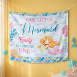 Custom Mermaid 1st Birthday Silk Banner - Personalized Under the Sea Party Decor for Baby Girl Milestone Celebration