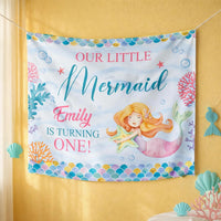 Custom Mermaid 1st Birthday Silk Banner - Personalized Under the Sea Party Decor for Baby Girl Milestone Celebration