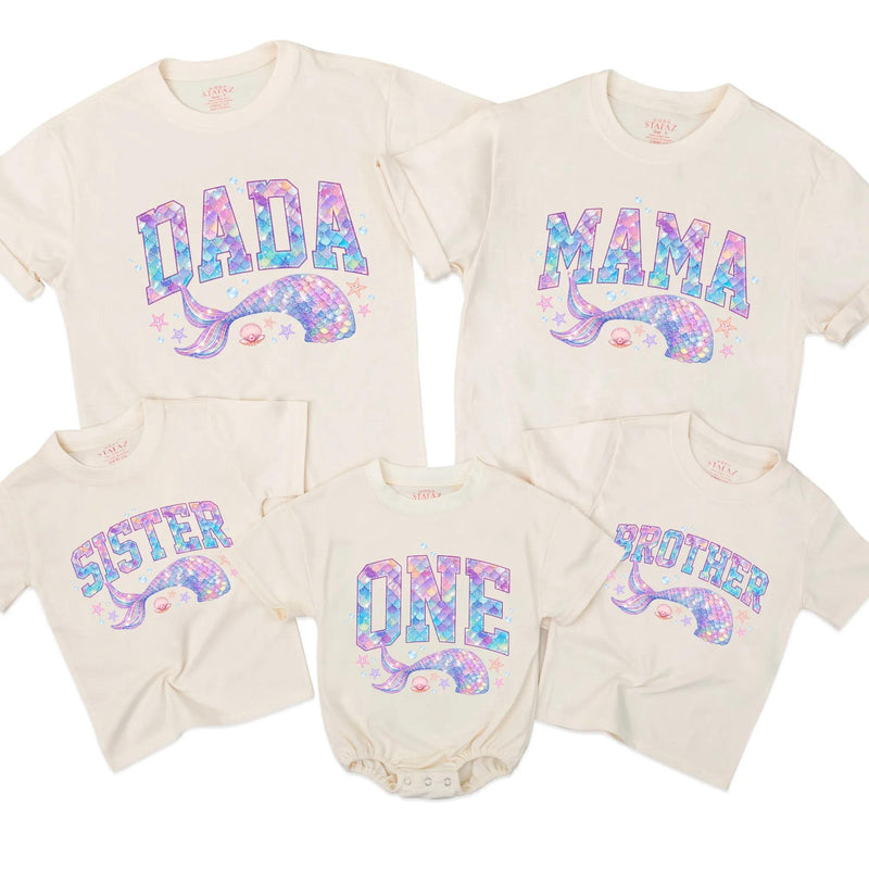 Custom Mermaid Family Shirts & Baby Romper with Whale Art, Soft Cotton Outfit for First Birthday, Matching NB-2XL, Perfect for Photoshoots