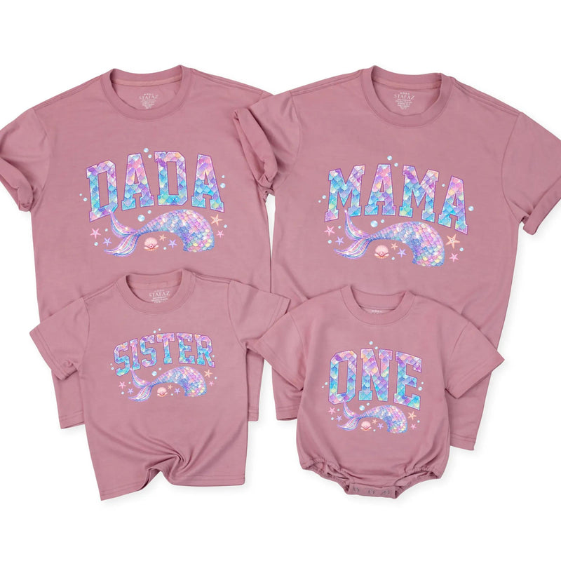 Custom Mermaid Family Shirts & Baby Romper with Whale Art, Soft Cotton Outfit for First Birthday, Matching NB-2XL, Perfect for Photoshoots