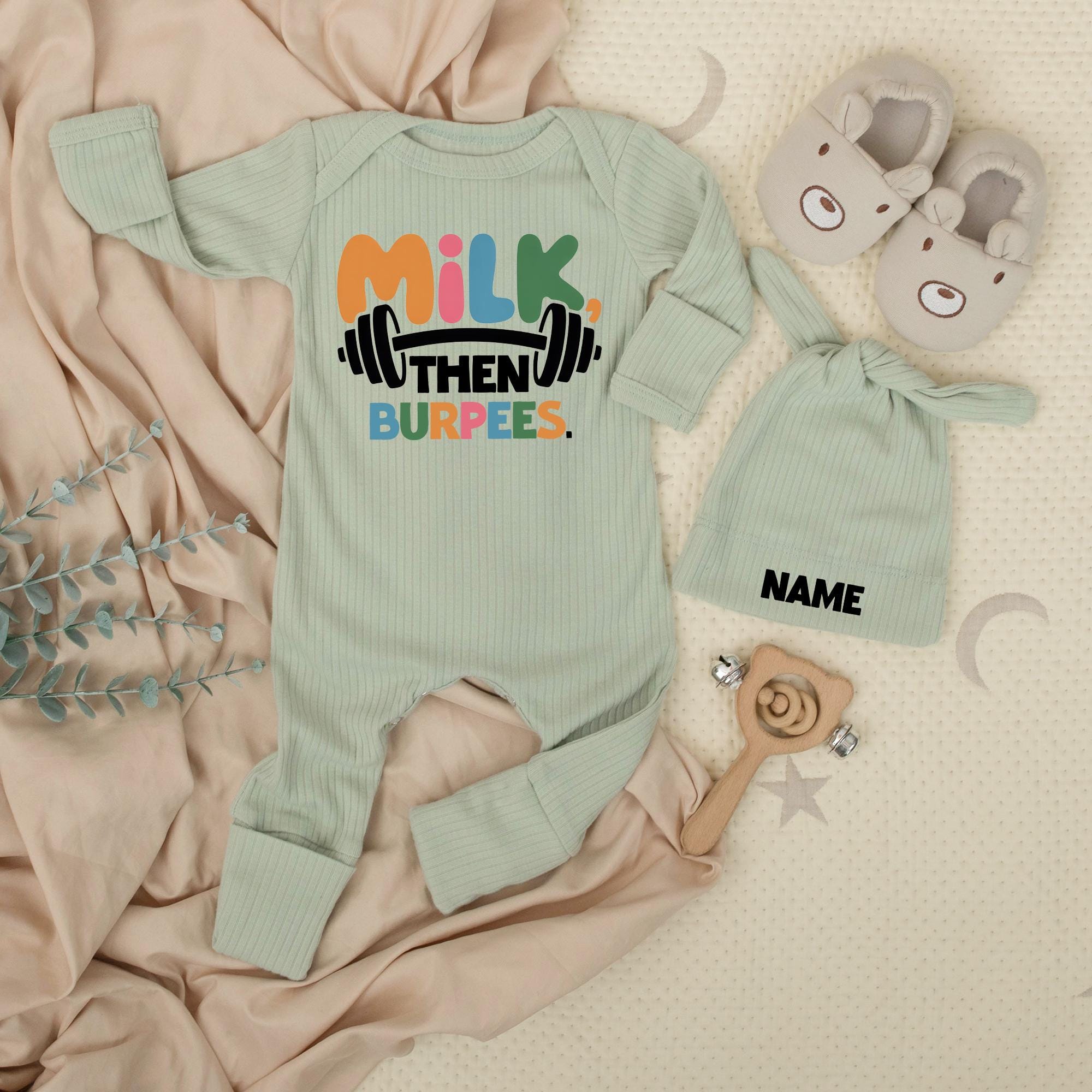 Custom Milk Then Burpees Baby Bodysuit & Hat Set, Soft Cotton Newborn Outfit, Personalized Baby Shower Gift, Gym-Themed Coming Home Clothes