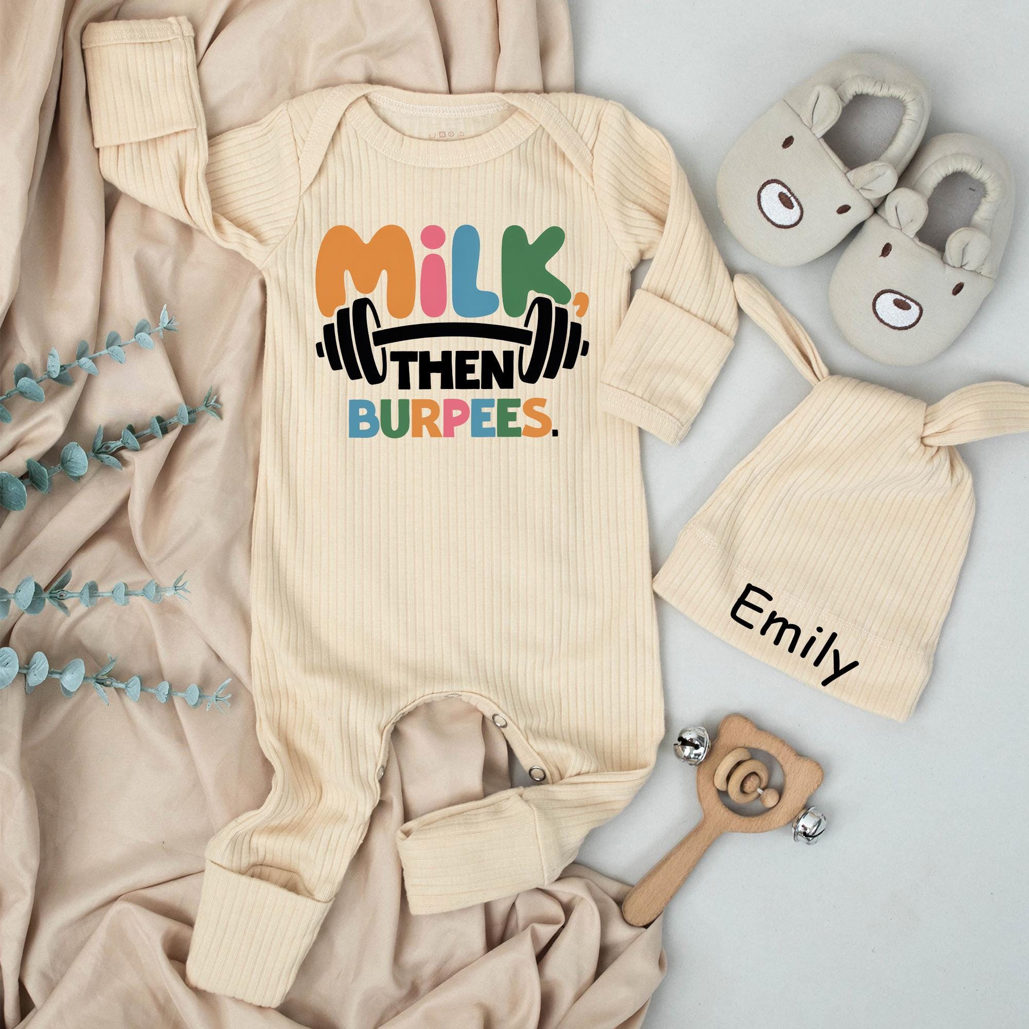 Custom Milk Then Burpees Baby Bodysuit & Hat Set, Soft Cotton Newborn Outfit, Personalized Baby Shower Gift, Gym-Themed Coming Home Clothes