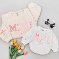 Custom Mimi & Baby Matching Sweatshirt and Romper Set, Floral Bow Design, Soft Cotton, Perfect for Family Photos, Gifting, and Holidays
