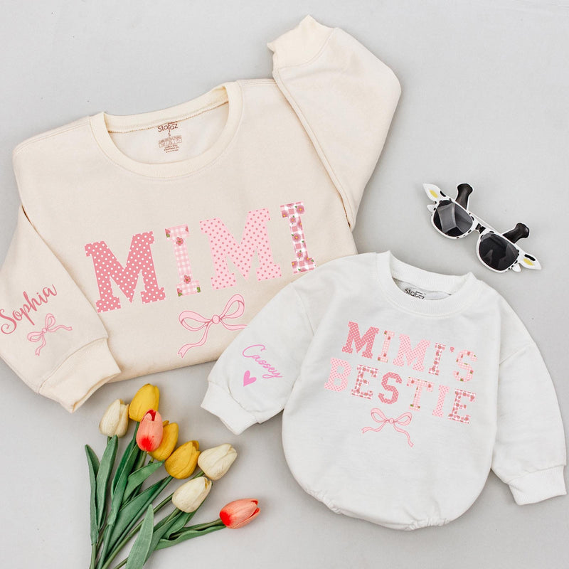 Custom Mimi & Baby Matching Sweatshirt and Romper Set, Floral Bow Design, Soft Cotton, Perfect for Family Photos, Gifting, and Holidays