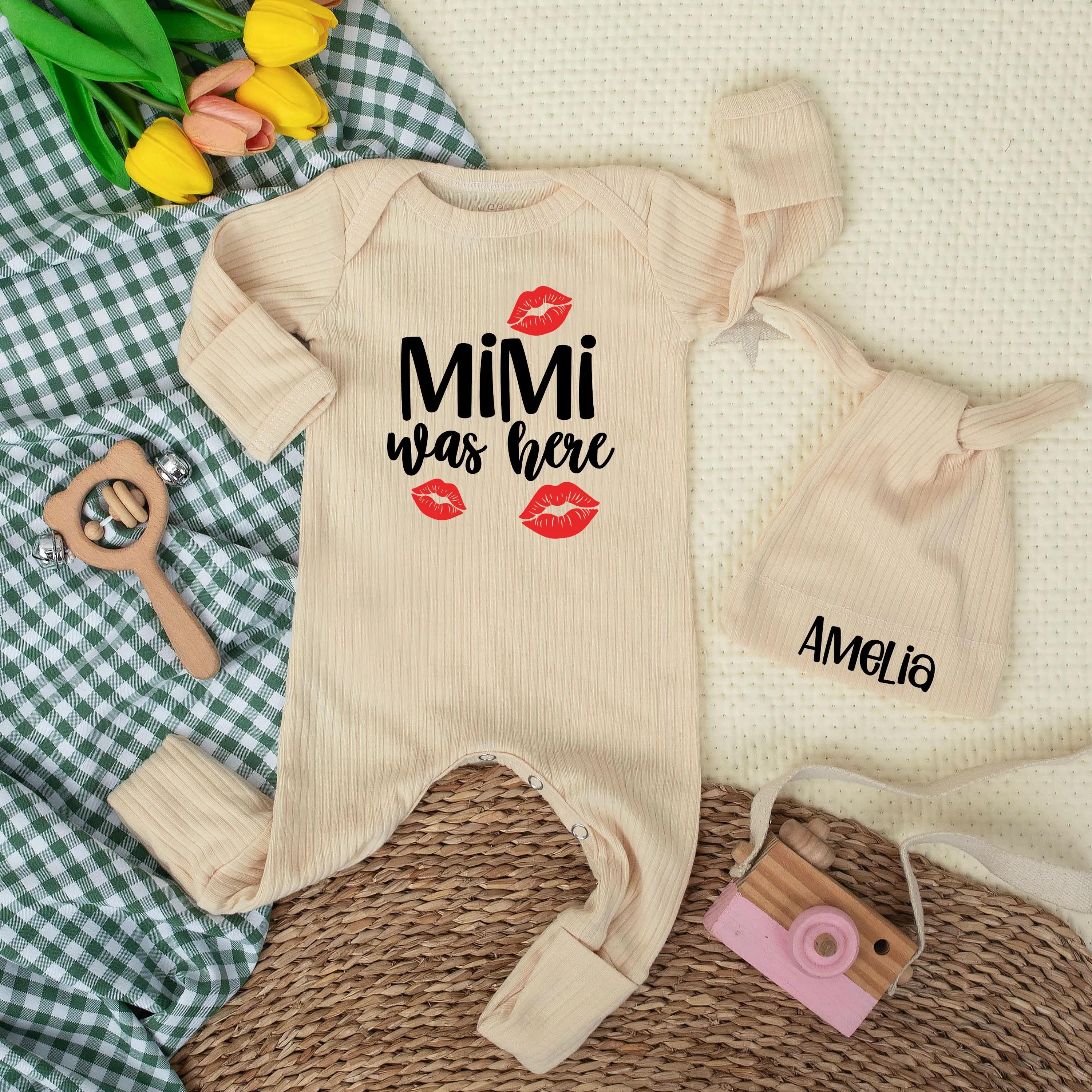 Custom Mimi Was Here Baby Bodysuit with Hat, Soft Cotton Outfit for Newborns, Personalized Baby Shower Gift from Grandma, Infant Clothing