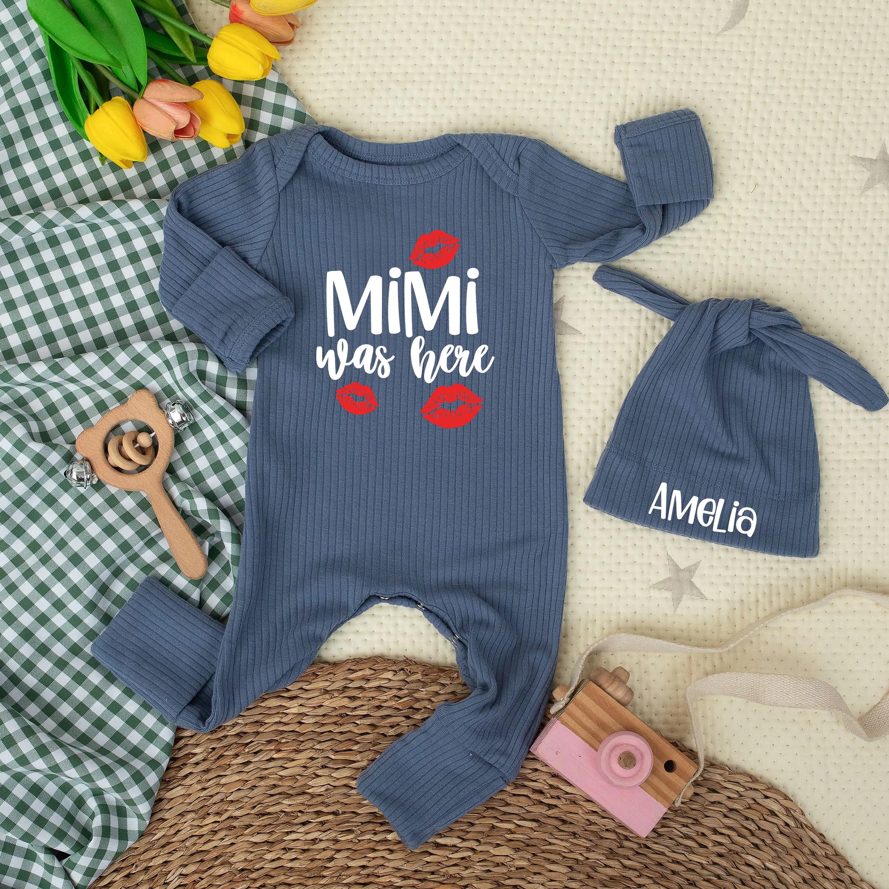 Custom Mimi Was Here Baby Bodysuit with Hat, Soft Cotton Outfit for Newborns, Personalized Baby Shower Gift from Grandma, Infant Clothing