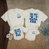 Custom Mom and Son Matching Outfits with Retro Smiley Face Graphics, Baby Bubble Romper and Mama's Boy Shirt, Soft Cotton for All Seasons