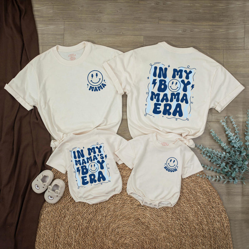 Custom Mom and Son Matching Outfits with Retro Smiley Face Graphics, Baby Bubble Romper and Mama's Boy Shirt, Soft Cotton for All Seasons