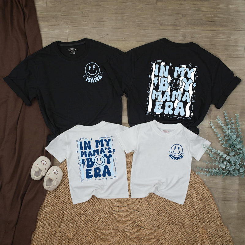 Custom Mom and Son Matching Outfits with Retro Smiley Face Graphics, Baby Bubble Romper and Mama's Boy Shirt, Soft Cotton for All Seasons
