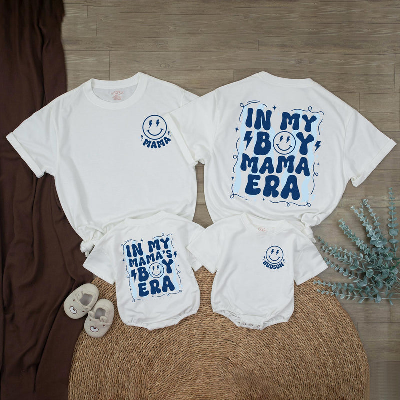 Custom Mom and Son Matching Outfits with Retro Smiley Face Graphics, Baby Bubble Romper and Mama's Boy Shirt, Soft Cotton for All Seasons