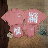 Custom Mom and Son Matching Outfits with Retro Smiley Face Graphics, Baby Bubble Romper and Mama's Boy Shirt, Soft Cotton for All Seasons