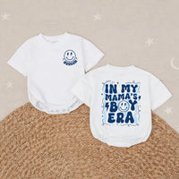 Custom Mom and Son Matching Outfits with Retro Smiley Face Graphics, Baby Bubble Romper and Mama's Boy Shirt, Soft Cotton for All Seasons