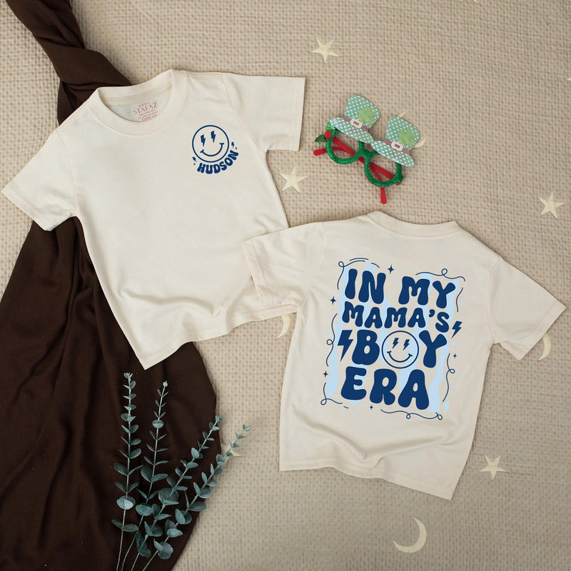Custom Mom and Son Matching Outfits with Retro Smiley Face Graphics, Baby Bubble Romper and Mama's Boy Shirt, Soft Cotton for All Seasons