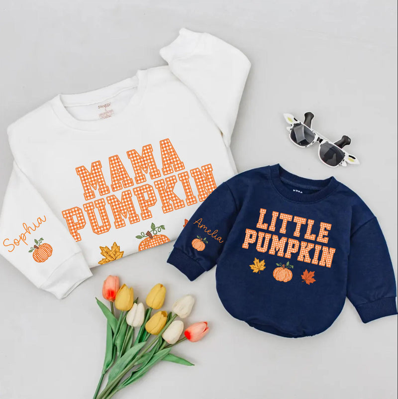 Custom Mommy and Me Matching Pumpkin Sweatshirt or Baby Romper, Fall Family Outfit, Soft Cotton for Baby, Toddler, Mom, Autumn Gift