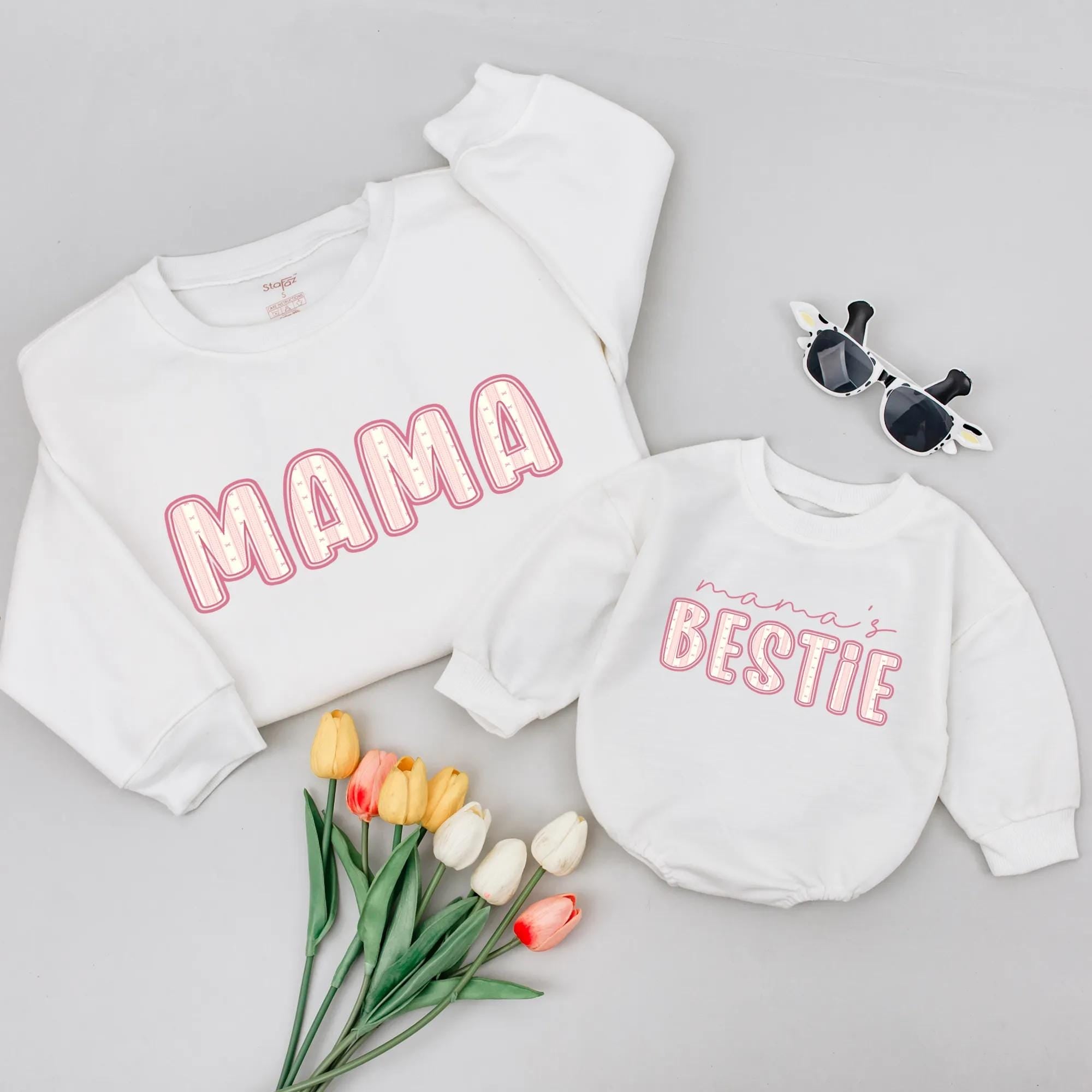 Custom Mommy and Me Matching Sweatshirts with Mama and Bestie Text, Cozy Cotton Family Outfits for Moms and Toddlers, Perfect Holiday Gift