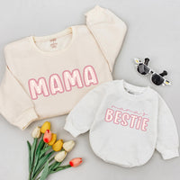 Custom Mommy and Me Matching Sweatshirts with Mama and Bestie Text, Cozy Cotton Family Outfits for Moms and Toddlers, Perfect Holiday Gift