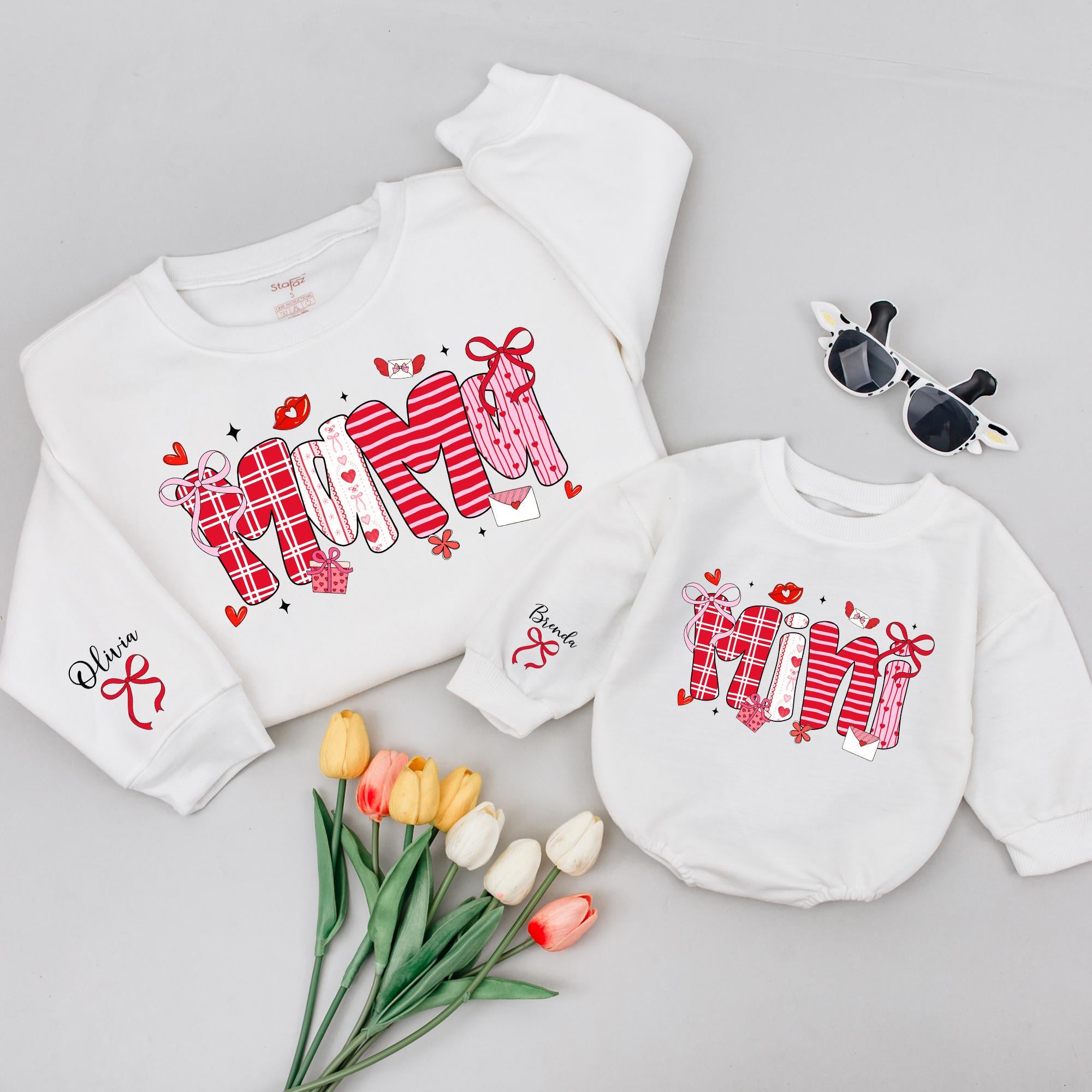 Custom Mommy and Me Valentine Sweatshirt and Baby Romper, Pink Bow Heart Print, Matching Family Outfit, Soft Cotton Gift for Mom and Baby