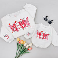 Custom Mommy and Me Valentine Sweatshirt and Baby Romper, Pink Bow Heart Print, Matching Family Outfit, Soft Cotton Gift for Mom and Baby