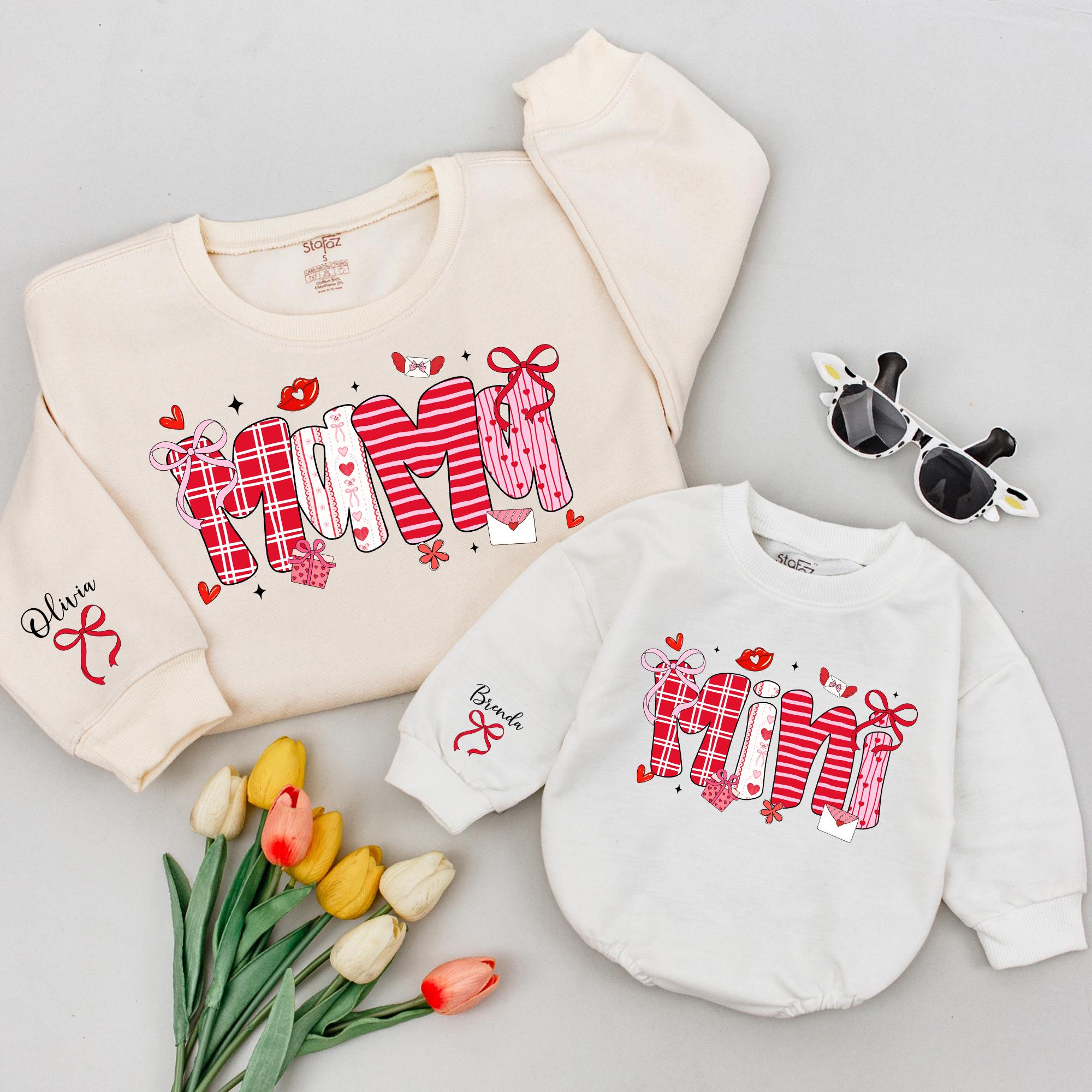 Custom Mommy and Me Valentine Sweatshirt and Baby Romper, Pink Bow Heart Print, Matching Family Outfit, Soft Cotton Gift for Mom and Baby