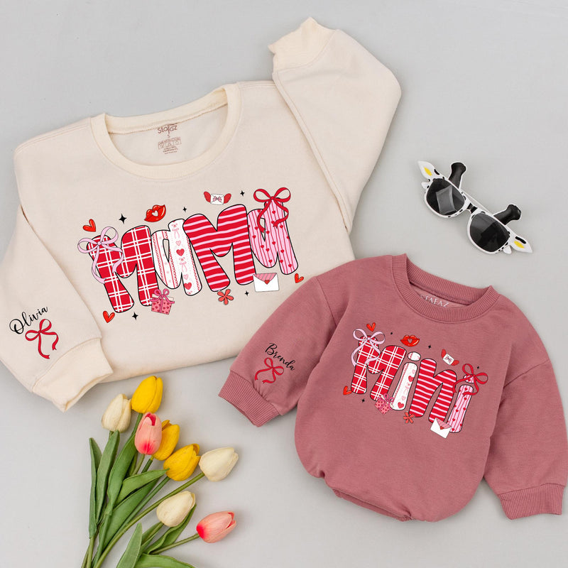 Custom Mommy and Me Valentine Sweatshirt and Baby Romper, Pink Bow Heart Print, Matching Family Outfit, Soft Cotton Gift for Mom and Baby