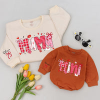 Custom Mommy and Me Valentine Sweatshirt and Baby Romper, Pink Bow Heart Print, Matching Family Outfit, Soft Cotton Gift for Mom and Baby