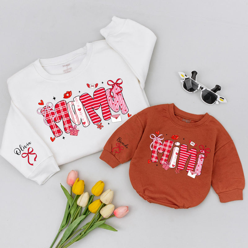 Custom Mommy and Me Valentine Sweatshirt and Baby Romper, Pink Bow Heart Print, Matching Family Outfit, Soft Cotton Gift for Mom and Baby