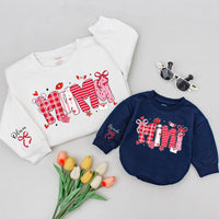 Custom Mommy and Me Valentine Sweatshirt and Baby Romper, Pink Bow Heart Print, Matching Family Outfit, Soft Cotton Gift for Mom and Baby