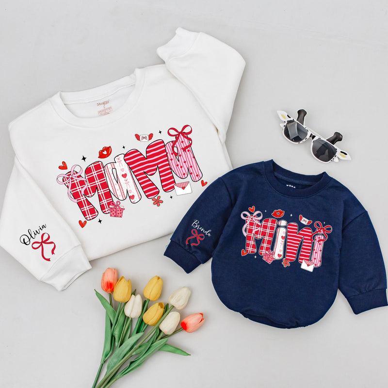 Custom Mommy and Me Valentine Sweatshirt and Baby Romper, Pink Bow Heart Print, Matching Family Outfit, Soft Cotton Gift for Mom and Baby