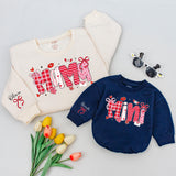 Custom Mommy and Me Valentine Sweatshirt and Baby Romper, Pink Bow Heart Print, Matching Family Outfit, Soft Cotton Gift for Mom and Baby
